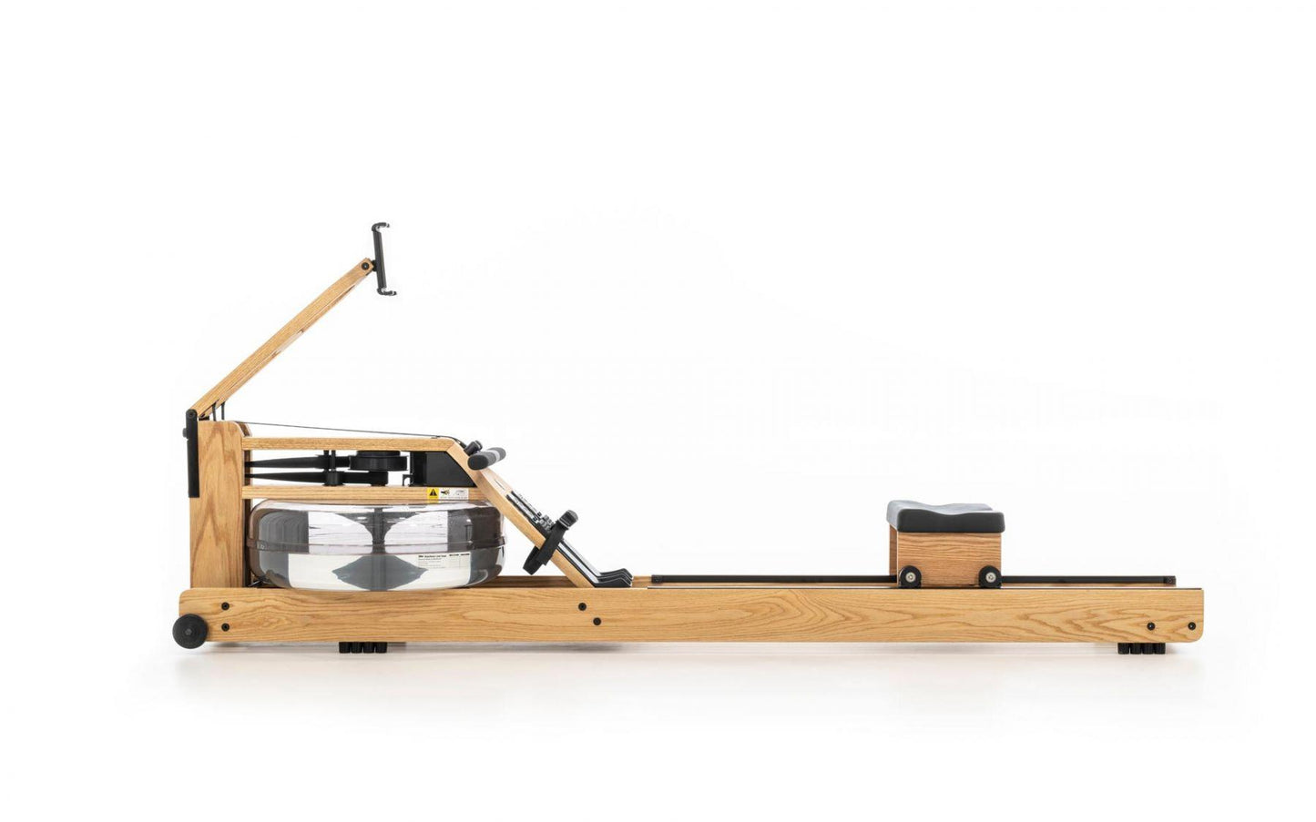 Rudergerät aus Holz mit Wassertank, seitliche Ansicht.