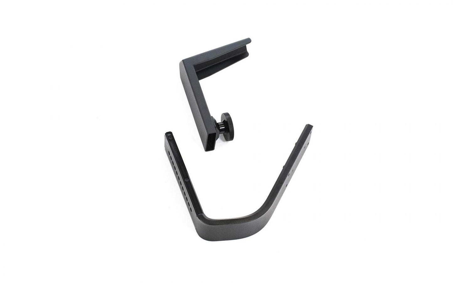 Zwei schwarze Metallteile eines Fitnessgeräts auf weißem Hintergrund.