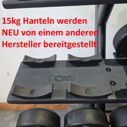 Jordan Kurzhantelsatz aus Urethane 2,5 bis 40kg in 2,5kg Stufen ( 16 Paare ) Material ähnlich Gummi bzw PU Polyurethane, INKLUSIVE Precor Kurzhantelablage, gebraucht - mit Gebrauchsspuren