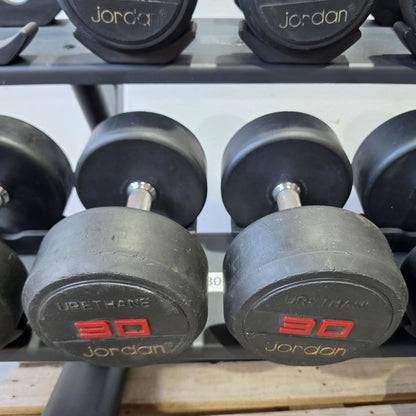 Jordan Kurzhantelsatz aus Urethane 2,5 bis 40kg in 2,5kg Stufen ( 16 Paare ) Material ähnlich Gummi bzw PU Polyurethane, INKLUSIVE Precor Kurzhantelablage, gebraucht - mit Gebrauchsspuren