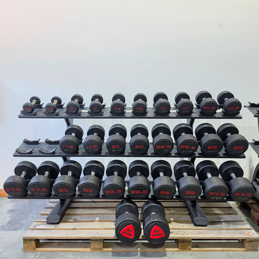 Jordan Kurzhantelsatz aus Urethane 2,5 bis 40kg in 2,5kg Stufen ( 16 Paare ) Material ähnlich Gummi bzw PU Polyurethane, INKLUSIVE Precor Kurzhantelablage, gebraucht - mit Gebrauchsspuren