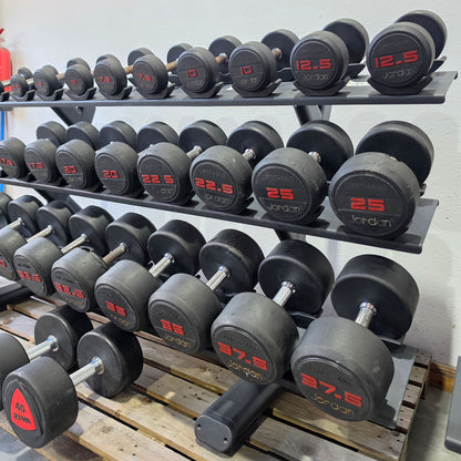 Jordan Kurzhantelsatz aus Urethane 2,5 bis 40kg in 2,5kg Stufen ( 16 Paare ) Material ähnlich Gummi bzw PU Polyurethane, INKLUSIVE Precor Kurzhantelablage, gebraucht - mit Gebrauchsspuren