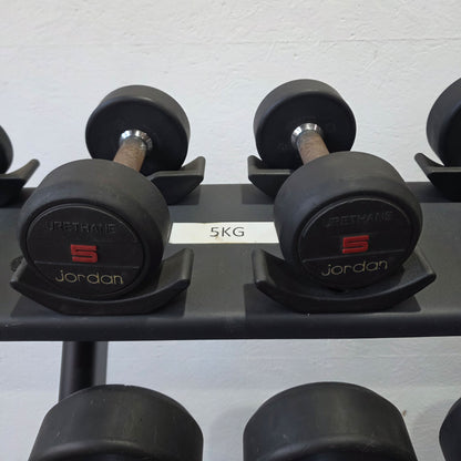 Jordan Kurzhantelsatz aus Urethane 2,5 bis 40kg in 2,5kg Stufen ( 16 Paare ) Material ähnlich Gummi bzw PU Polyurethane, INKLUSIVE Precor Kurzhantelablage, gebraucht - mit Gebrauchsspuren