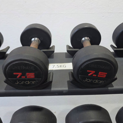 Jordan Kurzhantelsatz aus Urethane 2,5 bis 40kg in 2,5kg Stufen ( 16 Paare ) Material ähnlich Gummi bzw PU Polyurethane, INKLUSIVE Precor Kurzhantelablage, gebraucht - mit Gebrauchsspuren