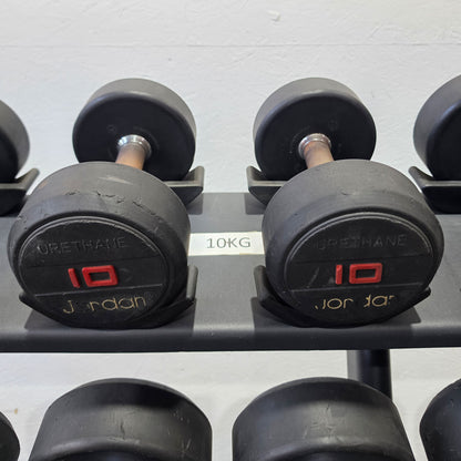 Jordan Kurzhantelsatz aus Urethane 2,5 bis 40kg in 2,5kg Stufen ( 16 Paare ) Material ähnlich Gummi bzw PU Polyurethane, INKLUSIVE Precor Kurzhantelablage, gebraucht - mit Gebrauchsspuren
