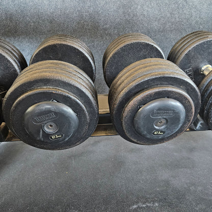 ElbeSport Kurzhantelsatz aus Guss von 2,5 bis 50kg in 2,5kg Stufen ( 20 Paare ) Oldschool, INKLUSIVE Kurzhantelablagen, gebraucht - mit Gebrauchsspuren