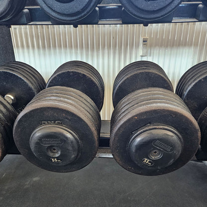 ElbeSport Kurzhantelsatz aus Guss von 2,5 bis 60kg in 2,5kg Stufen ( 24 Paare ) Oldschool, INKLUSIVE Kurzhantelablagen, gebraucht - mit Gebrauchsspuren