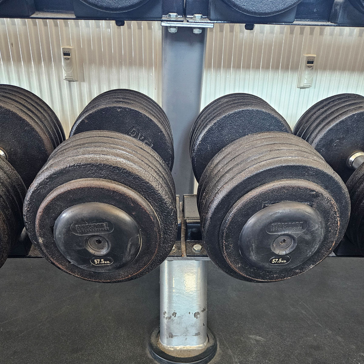 ElbeSport Kurzhantelsatz aus Guss von 2,5 bis 60kg in 2,5kg Stufen ( 24 Paare ) Oldschool, INKLUSIVE Kurzhantelablagen, gebraucht - mit Gebrauchsspuren