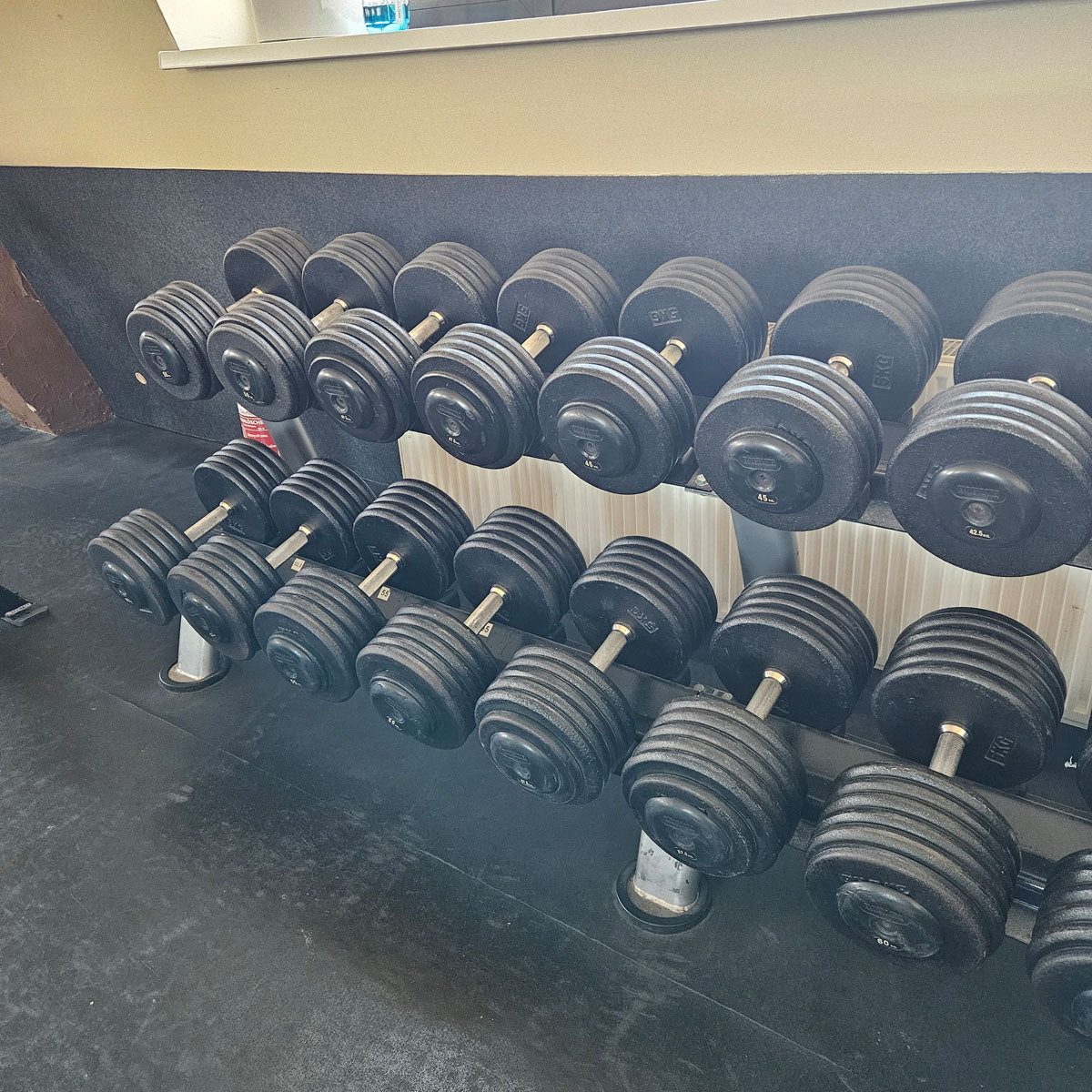 ElbeSport Kurzhantelsatz aus Guss von 2,5 bis 60kg in 2,5kg Stufen ( 24 Paare ) Oldschool, INKLUSIVE Kurzhantelablagen, gebraucht - mit Gebrauchsspuren