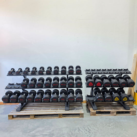 Jordan und Ziva Kurzhantelsatz aus Urethane 2,5 bis 50kg in 2,5kg Stufen ( 20 Paare ) Material ähnlich Gummi bzw Polyurethane, INKLUSIVE Precor Kurzhantelablagen, gebraucht - mit Gebrauchsspuren