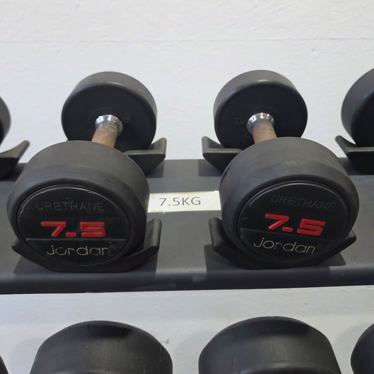 Jordan und Ziva Kurzhantelsatz aus Urethane 2,5 bis 50kg in 2,5kg Stufen ( 20 Paare ) Material ähnlich Gummi bzw Polyurethane, INKLUSIVE Precor Kurzhantelablagen, gebraucht - mit Gebrauchsspuren