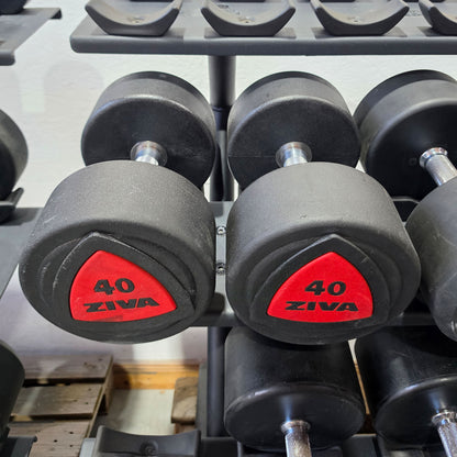 Jordan und Ziva Kurzhantelsatz aus Urethane 2,5 bis 50kg in 2,5kg Stufen ( 20 Paare ) Material ähnlich Gummi bzw Polyurethane, INKLUSIVE Precor Kurzhantelablagen, gebraucht - mit Gebrauchsspuren