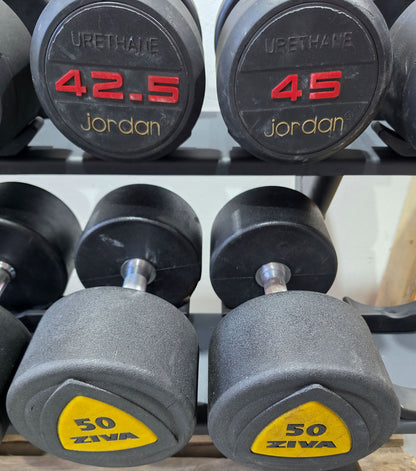 Jordan und Ziva Kurzhantelsatz aus Urethane 2,5 bis 50kg in 2,5kg Stufen ( 20 Paare ) Material ähnlich Gummi bzw Polyurethane, INKLUSIVE Precor Kurzhantelablagen, gebraucht - mit Gebrauchsspuren