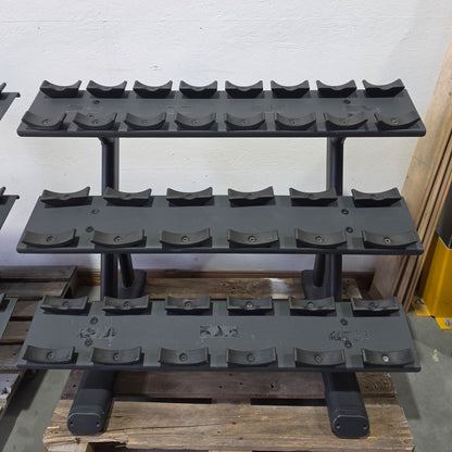 Jordan und Ziva Kurzhantelsatz aus Urethane 2,5 bis 50kg in 2,5kg Stufen ( 20 Paare ) Material ähnlich Gummi bzw Polyurethane, INKLUSIVE Precor Kurzhantelablagen, gebraucht - mit Gebrauchsspuren