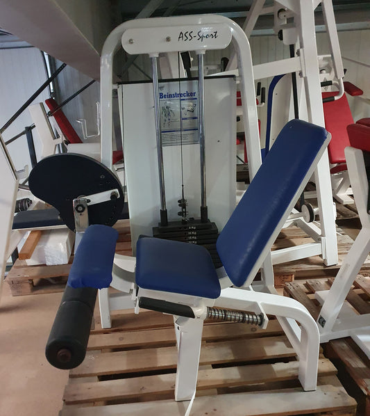 ASS-Sport leg extension, adjustable, 140 kg weight block, white frame, blue upholstery, used - refurbished condition
