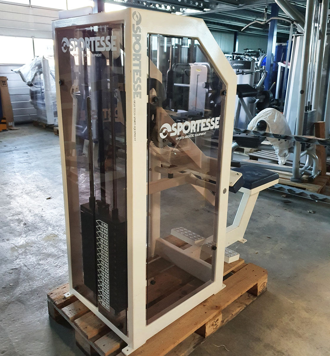 Sportesse calf machine seated, Seated Calf, frame white, upholstery blue, used with signs of wear - tested condition