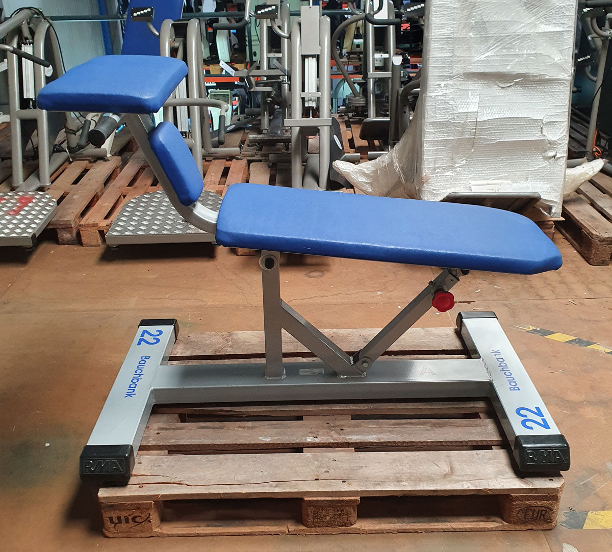 RMA Vorderer Rumpfheber, verstellbare Bauchbank, Abdominal Crunch Bench, Rahmenfarbe Silber-Grau, Polsterfarbe Blau, gebraucht - überholter Zustand