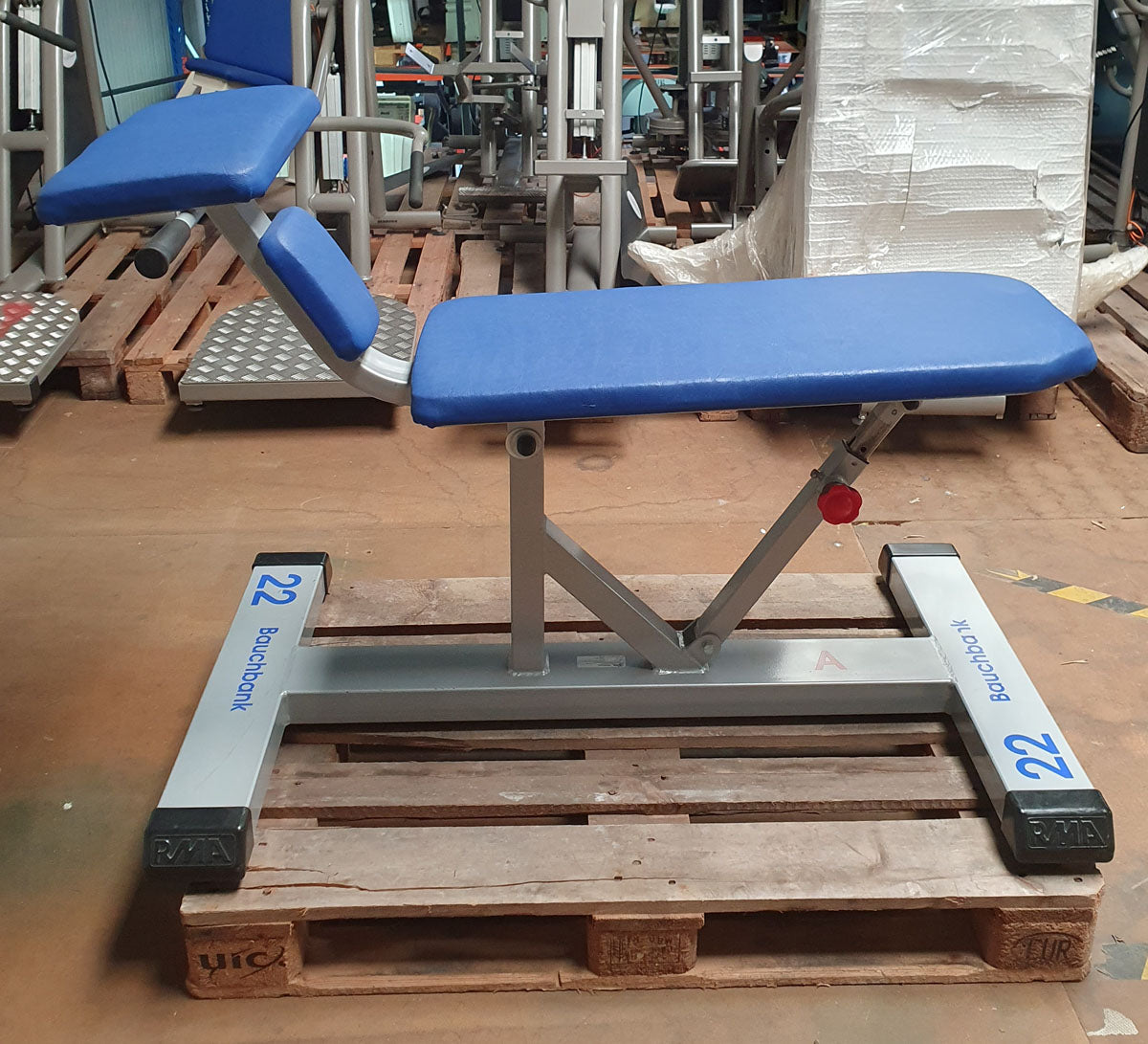 RMA Vorderer Rumpfheber, verstellbare Bauchbank, Abdominal Crunch Bench, Rahmenfarbe Silber-Grau, Polsterfarbe Blau, gebraucht - überholter Zustand