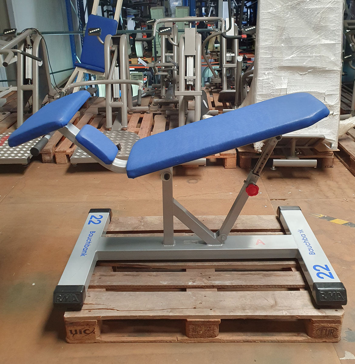 RMA Vorderer Rumpfheber, verstellbare Bauchbank, Abdominal Crunch Bench, Rahmenfarbe Silber-Grau, Polsterfarbe Blau, gebraucht - überholter Zustand