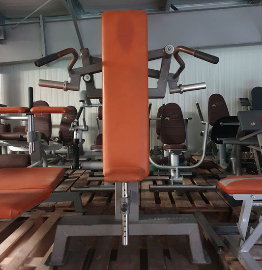 Gym80 Schulterpresse, Shoulder Press, Plate loaded, Rahmenfarbe Silber, Polsterfarbe Orange, gebraucht