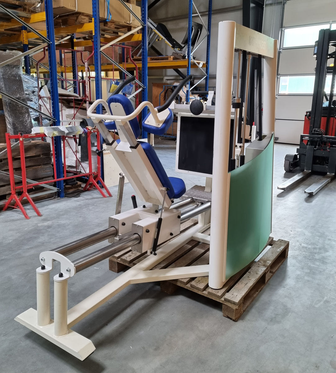 Kaphingst Funktionsstemme, verstellbare Beinpresse, mit Kippkreisel, MPG, Rahmenfarbe Weiß, Polsterfarbe Blau, gebraucht - überholter Zustand