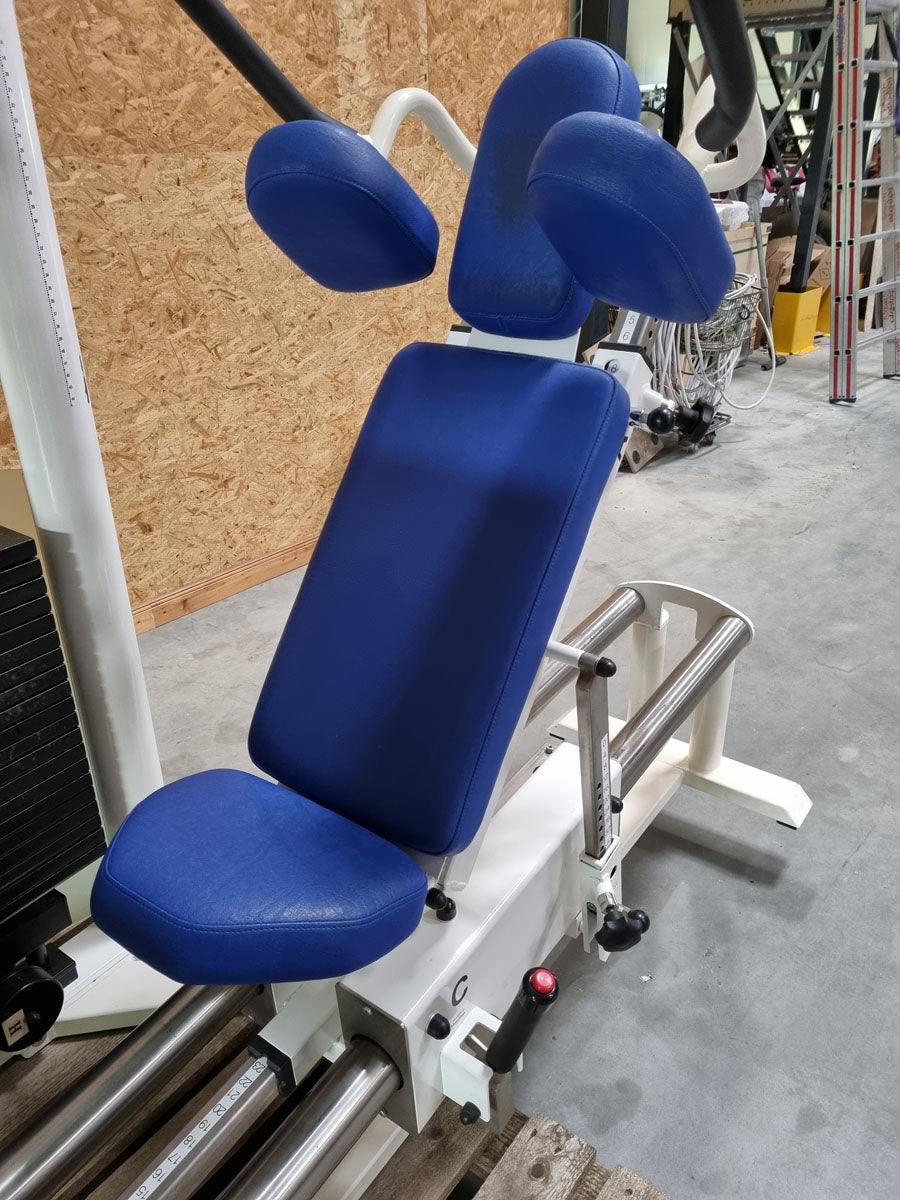Kaphingst Funktionsstemme, verstellbare Beinpresse, mit Kippkreisel, MPG, Rahmenfarbe Weiß, Polsterfarbe Blau, gebraucht - überholter Zustand