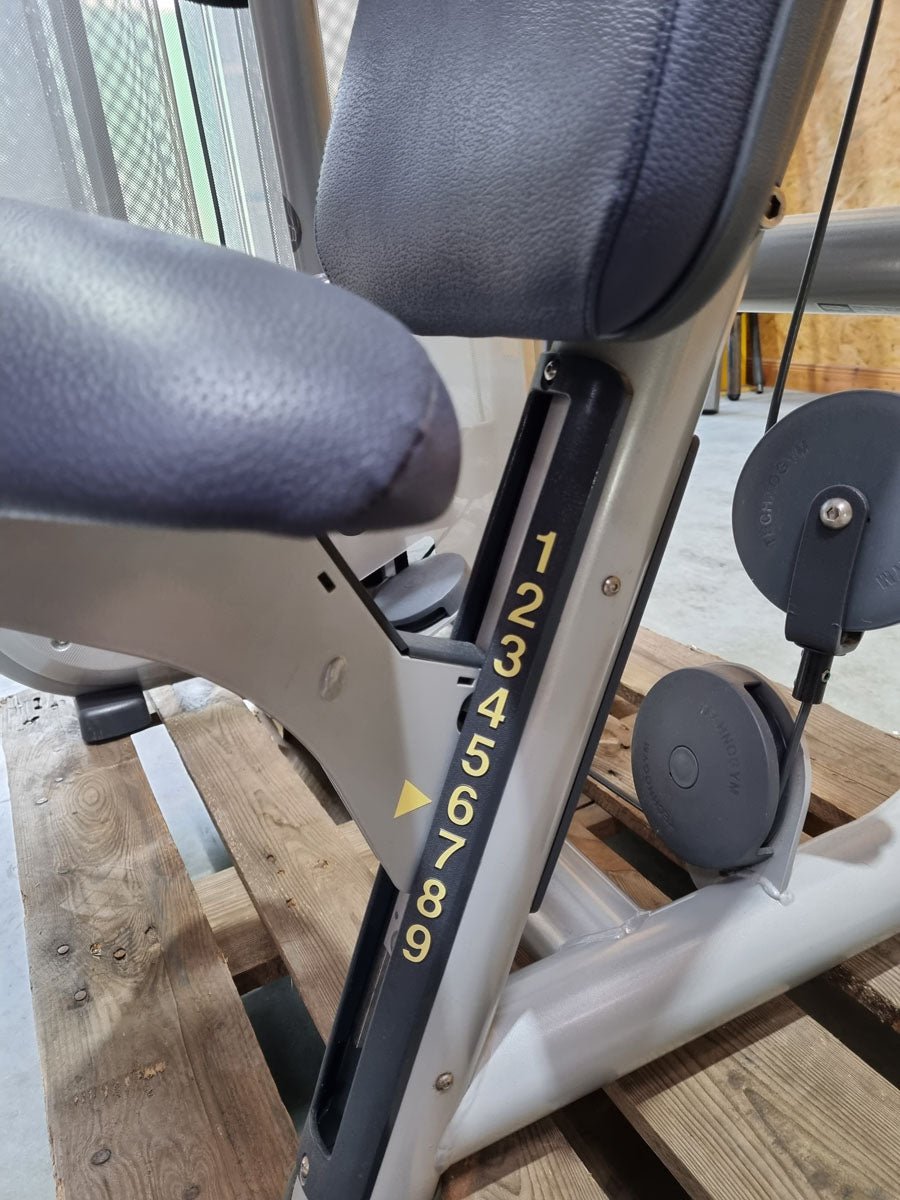 TechnoGym Biceps Machine, Arm Curl, Element Line, frame color silver, upholstery color dove blue, used - refurbished condition