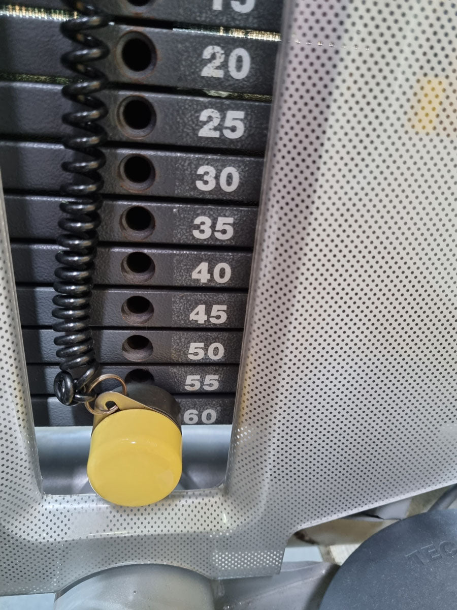 TechnoGym Biceps Machine, Arm Curl, Element Line, frame color silver, upholstery color dove blue, used - refurbished condition