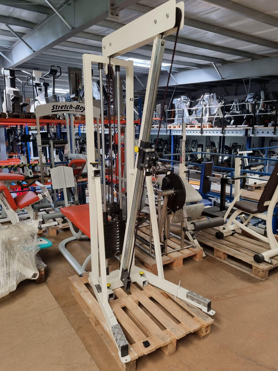 L+K cable pulley, height adjustable, double extension, 30 kg weight block, rehabilitation, frame color white, used - tested condition