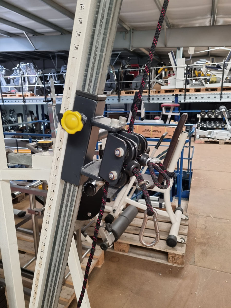 L+K cable pulley, height adjustable, double extension, 30 kg weight block, rehabilitation, frame color white, used - tested condition