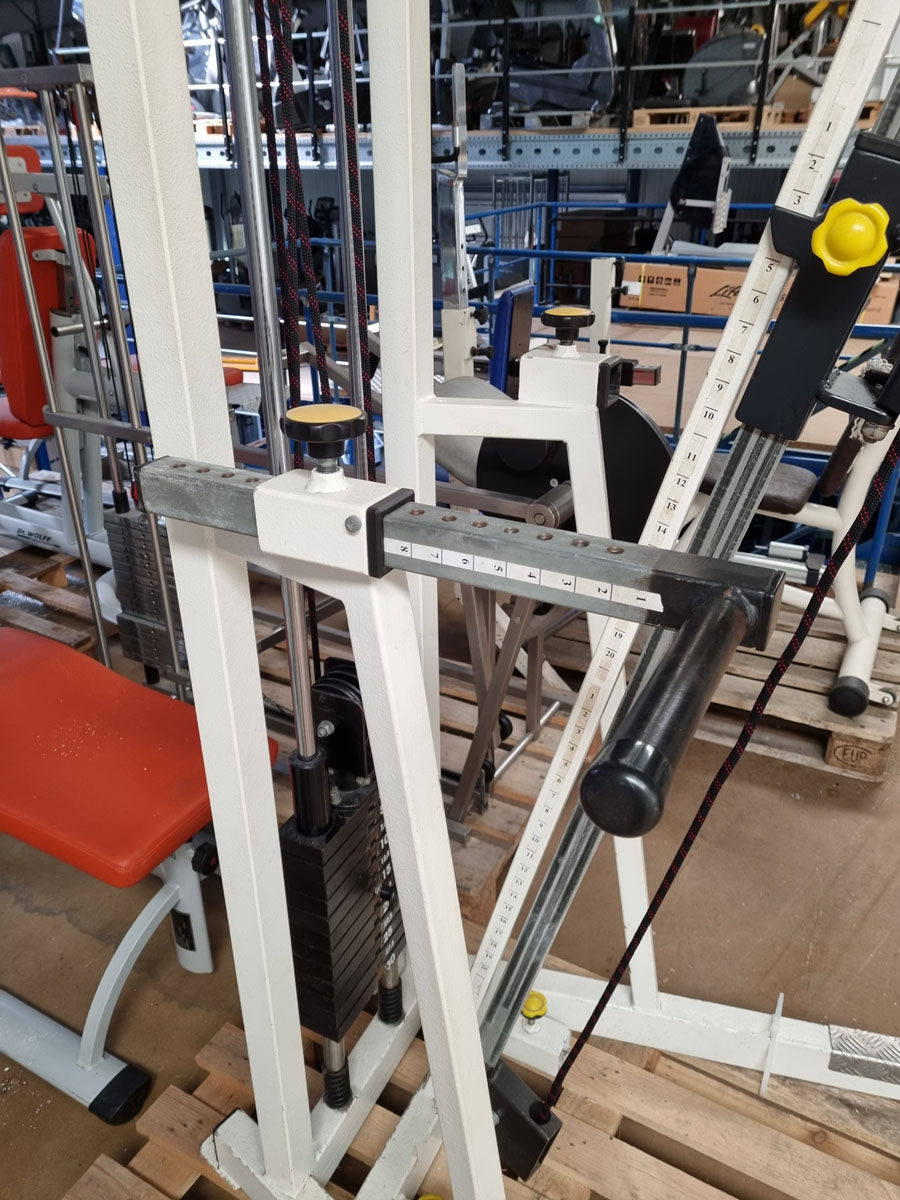 L+K cable pulley, height adjustable, double extension, 30 kg weight block, rehabilitation, frame color white, used - tested condition