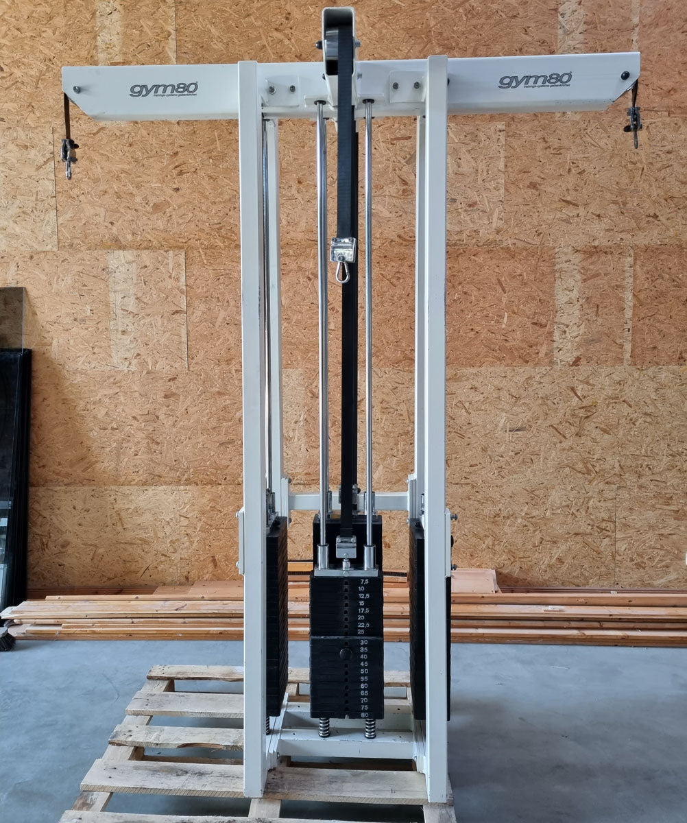 Gym80 - 4 Stationenturm mit Gurtband, 4 Stack Multi Station, große Gewichtsblöcke, Rahmenfarbe Weiß, Polsterfarbe Türkis, gebraucht - überholter Zustand
