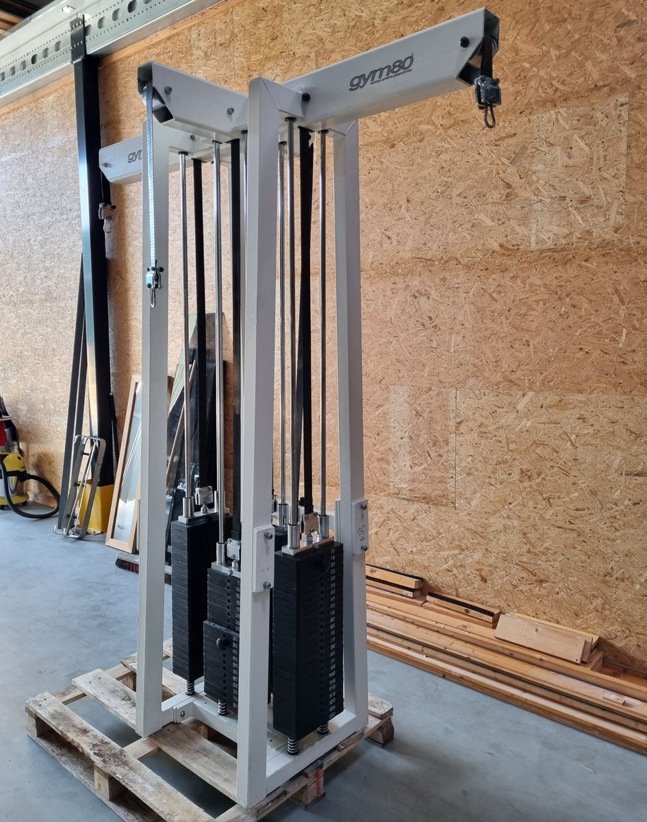 Gym80 - 4 Stationenturm mit Gurtband, 4 Stack Multi Station, große Gewichtsblöcke, Rahmenfarbe Weiß, Polsterfarbe Türkis, gebraucht - überholter Zustand