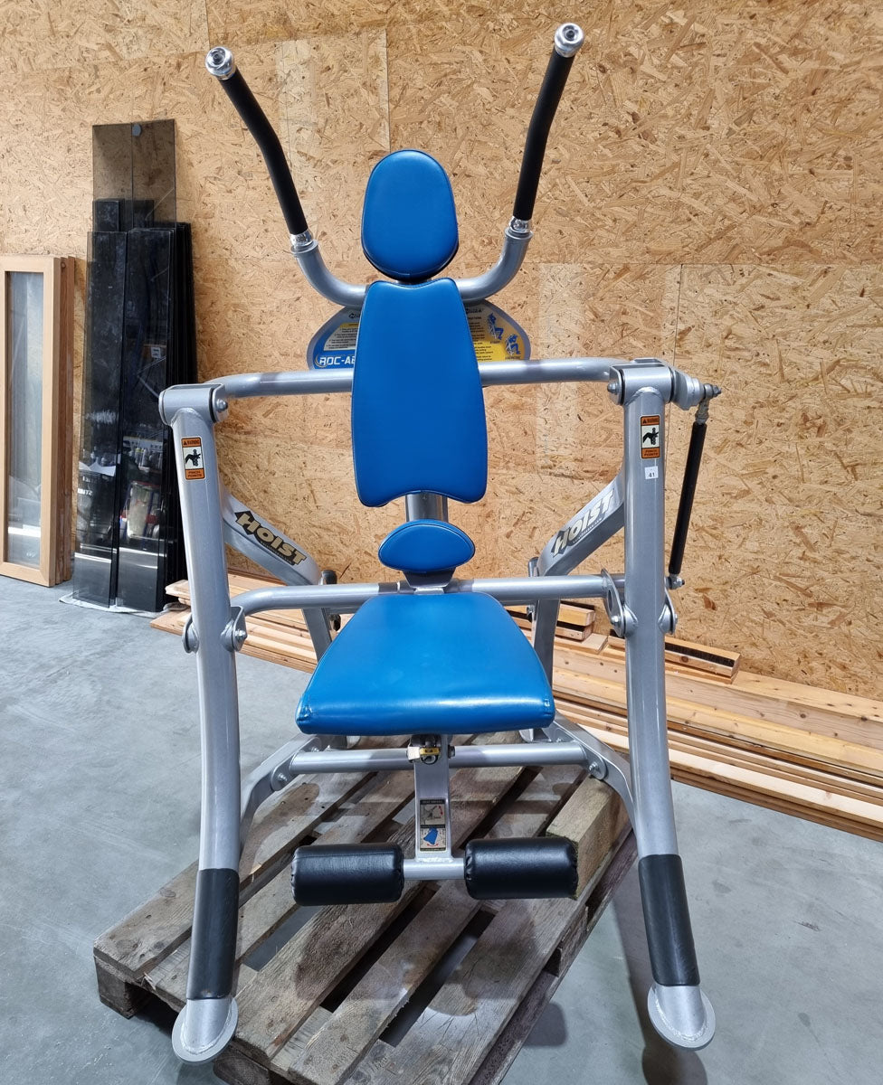 Hoist Roc-Abs Machine, Bauchmaschine Roc it Serie, Abdominal Crunch, Plate loaded, Rotation, Rahmenfarbe Silber, Polsterfarbe Blau, gebraucht - überholter Zustand