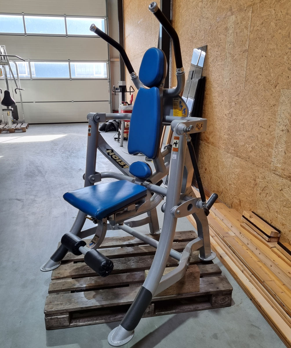 Hoist Roc-Abs Machine, Bauchmaschine Roc it Serie, Abdominal Crunch, Plate loaded, Rotation, Rahmenfarbe Silber, Polsterfarbe Blau, gebraucht - überholter Zustand