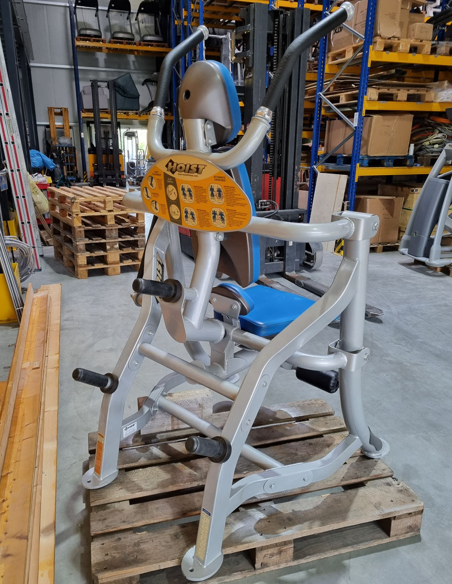 Hoist Roc-Abs Machine, Bauchmaschine Roc it Serie, Abdominal Crunch, Plate loaded, Rotation, Rahmenfarbe Silber, Polsterfarbe Blau, gebraucht - überholter Zustand
