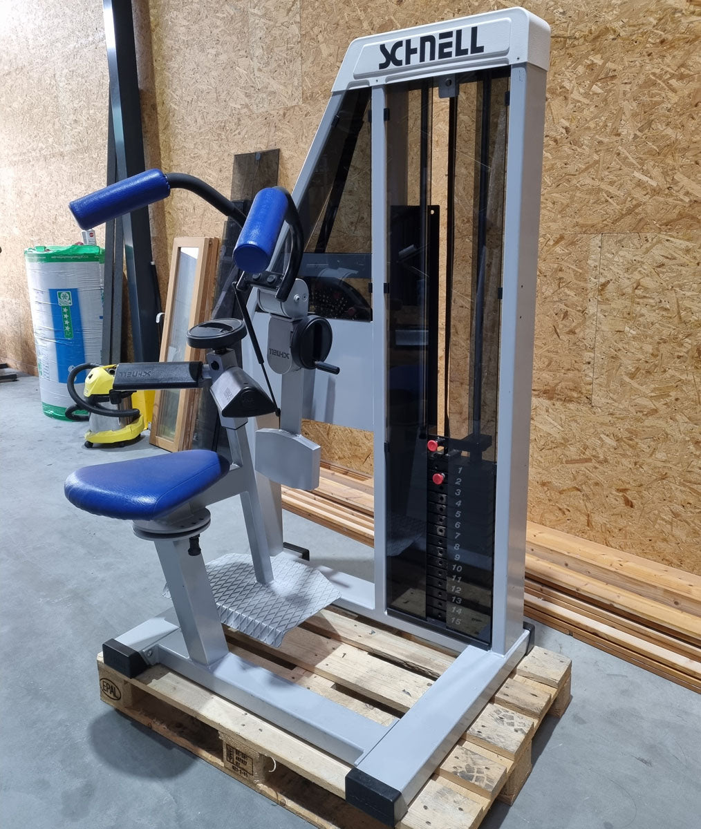 Schnell Seitneige-Maschine, Lateral Flexion, Lat Flex, Rahmenfarbe Silber, Polsterfarbe Blau, gebraucht - überholter Zustand