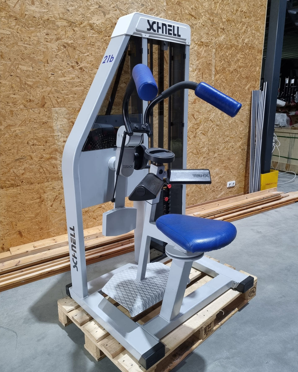 Schnell Seitneige-Maschine, Lateral Flexion, Lat Flex, Rahmenfarbe Silber, Polsterfarbe Blau, gebraucht - überholter Zustand