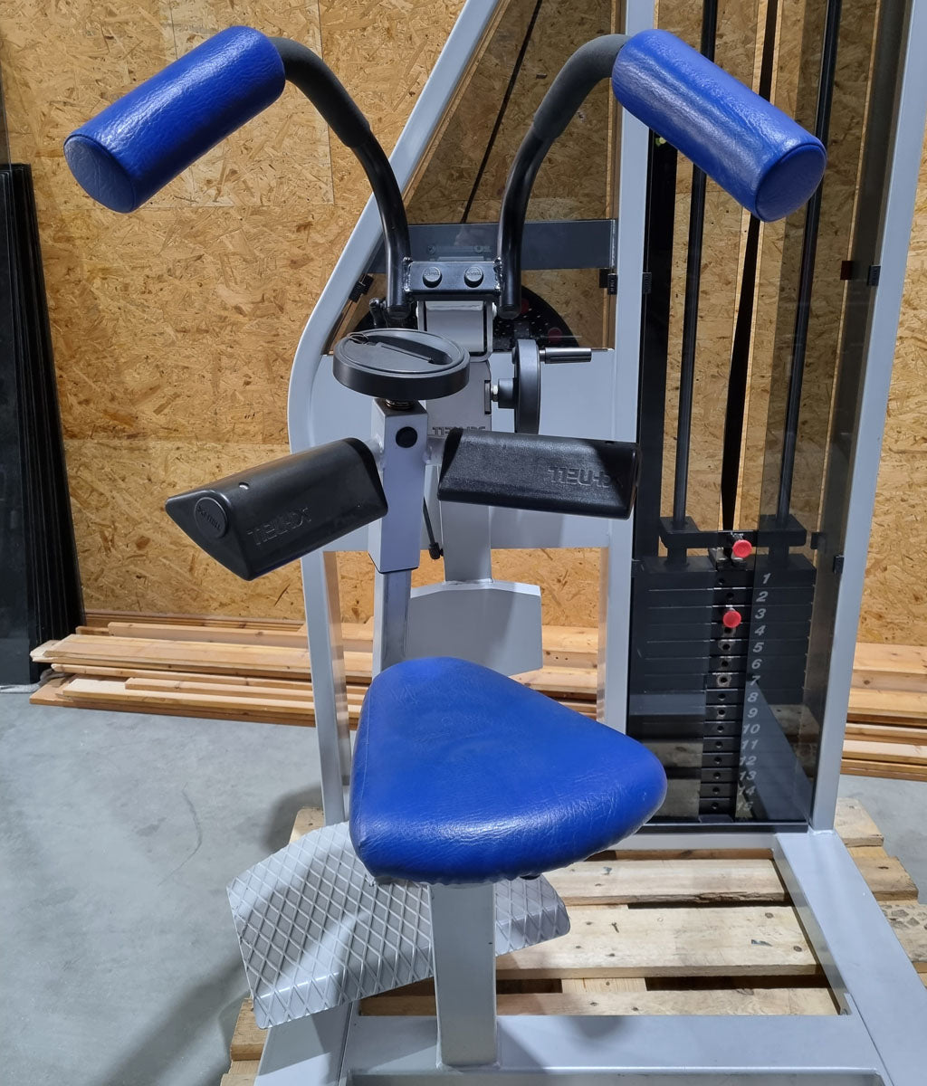 Schnell Seitneige-Maschine, Lateral Flexion, Lat Flex, Rahmenfarbe Silber, Polsterfarbe Blau, gebraucht - überholter Zustand