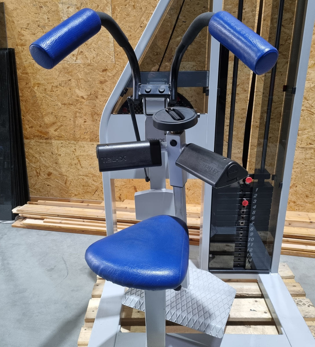 Schnell Seitneige-Maschine, Lateral Flexion, Lat Flex, Rahmenfarbe Silber, Polsterfarbe Blau, gebraucht - überholter Zustand