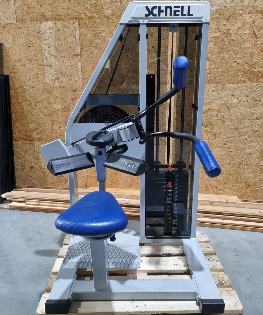 Schnell Seitneige-Maschine, Lateral Flexion, Lat Flex, Rahmenfarbe Silber, Polsterfarbe Blau, gebraucht - überholter Zustand