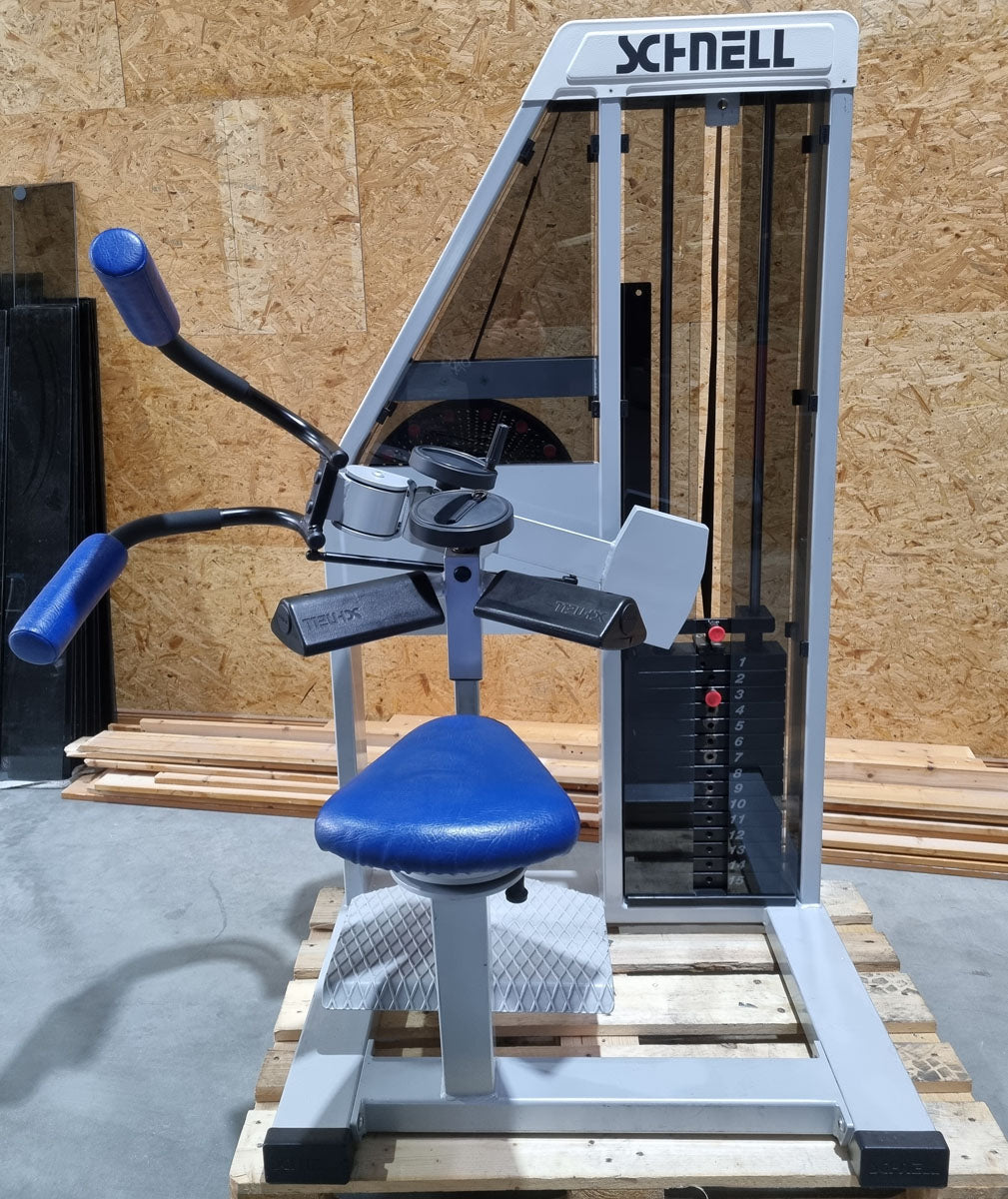 Schnell Seitneige-Maschine, Lateral Flexion, Lat Flex, Rahmenfarbe Silber, Polsterfarbe Blau, gebraucht - überholter Zustand