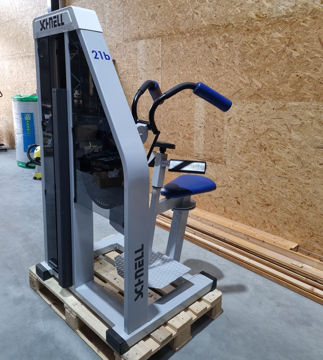 Schnell Seitneige-Maschine, Lateral Flexion, Lat Flex, Rahmenfarbe Silber, Polsterfarbe Blau, gebraucht - überholter Zustand