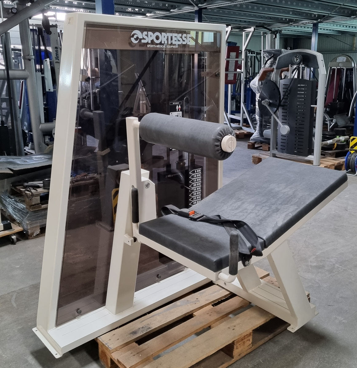 Sportesse Hip and Back Machine, hip and back extension machine, upholstery color black, frame color white, used - tested condition