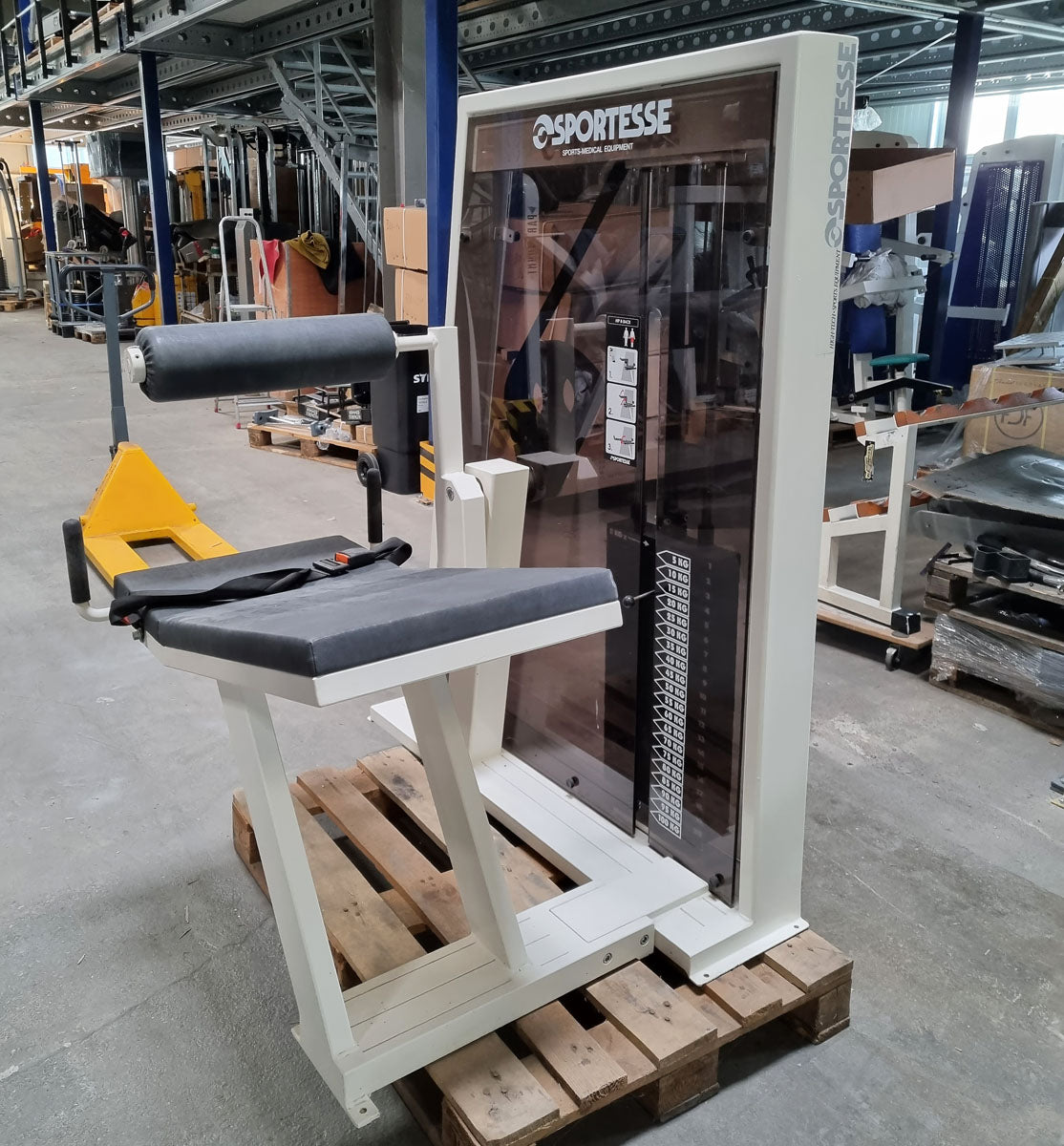 Sportesse Hip and Back Machine, hip and back extension machine, upholstery color black, frame color white, used - tested condition