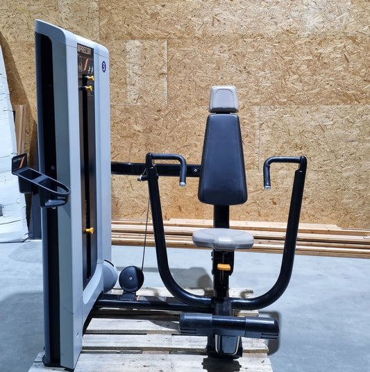 Precor bench press machine with entry aid, chest press, frame color black, upholstery color gray, used - refurbished condition