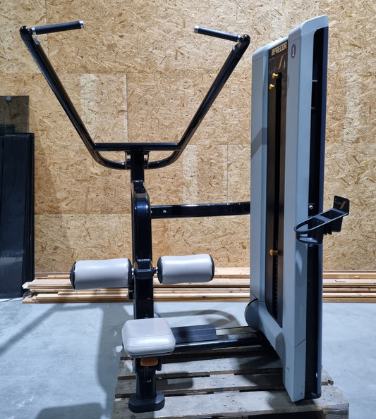 Precor lat pulldown from above, lat pulldown, frame color black, upholstery color gray, used - refurbished condition