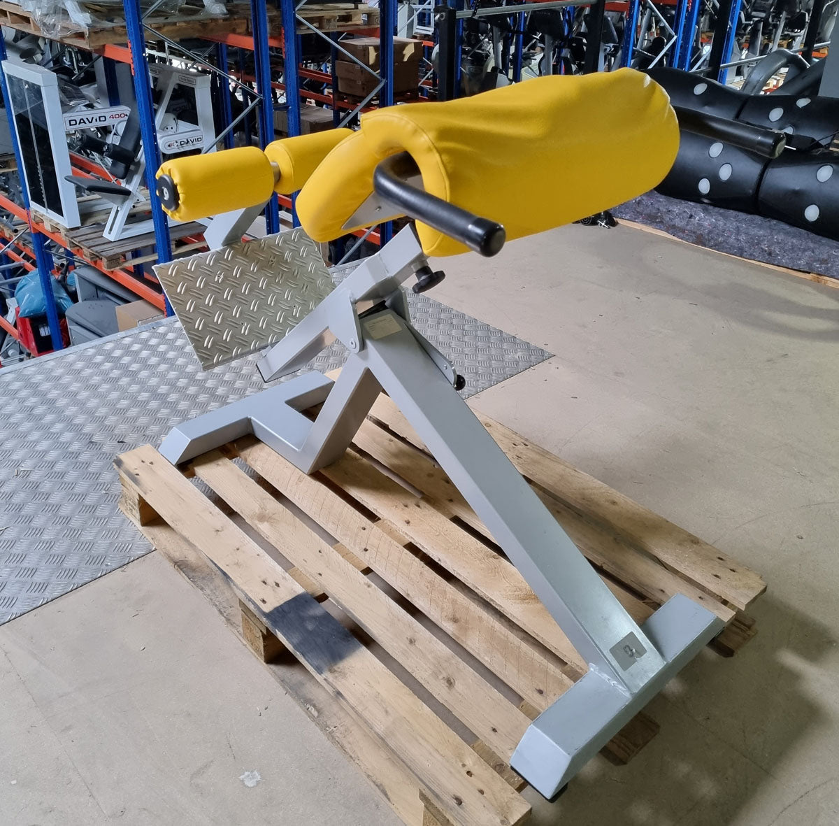 SVG Hyperextension 45° - Rückenstreckerbank, verstellbar, Rahmenfarbe Silber, Polsterfarbe Gelb, gebraucht - überholter Zustand
