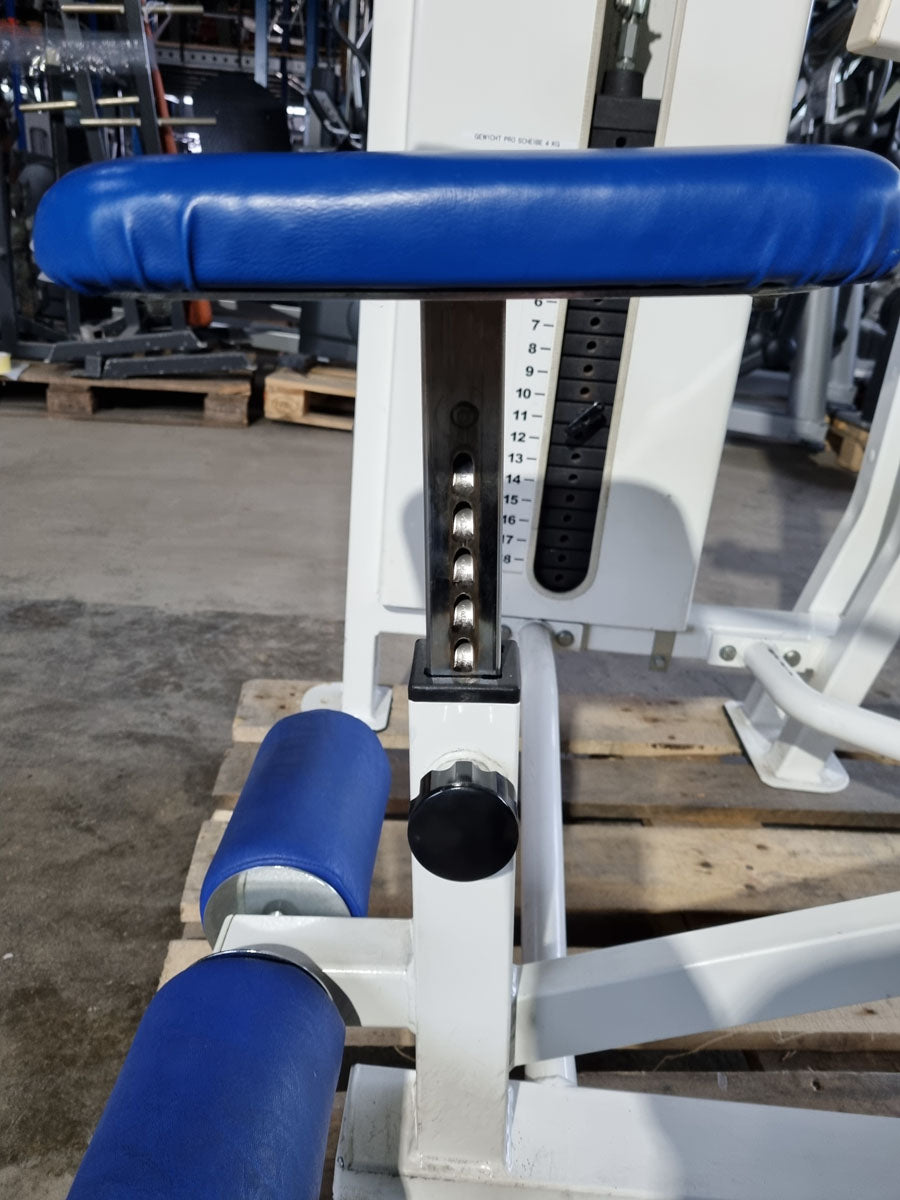 Competition Line Triceps Machine Dip, Triceps Extension Dip, frame color white, upholstery color blue, used - refurbished condition