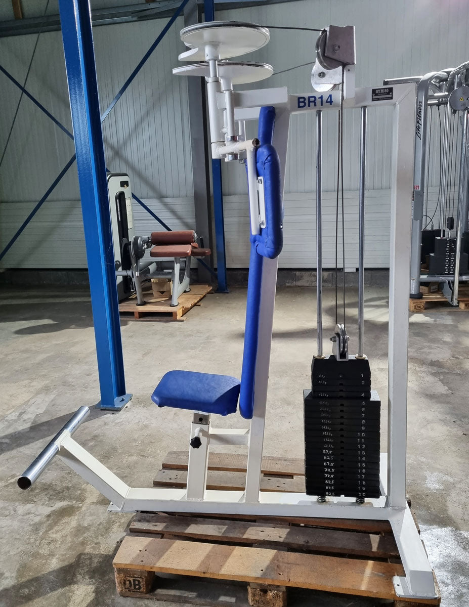 Gym80 Butterfly, old school bodybuilding strength machine, frame white, used with signs of wear